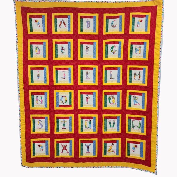 Handmade Embroidered Alphabet Quilt With Colorful Clown Theme 45x54 Inches - Picture 1 of 6
